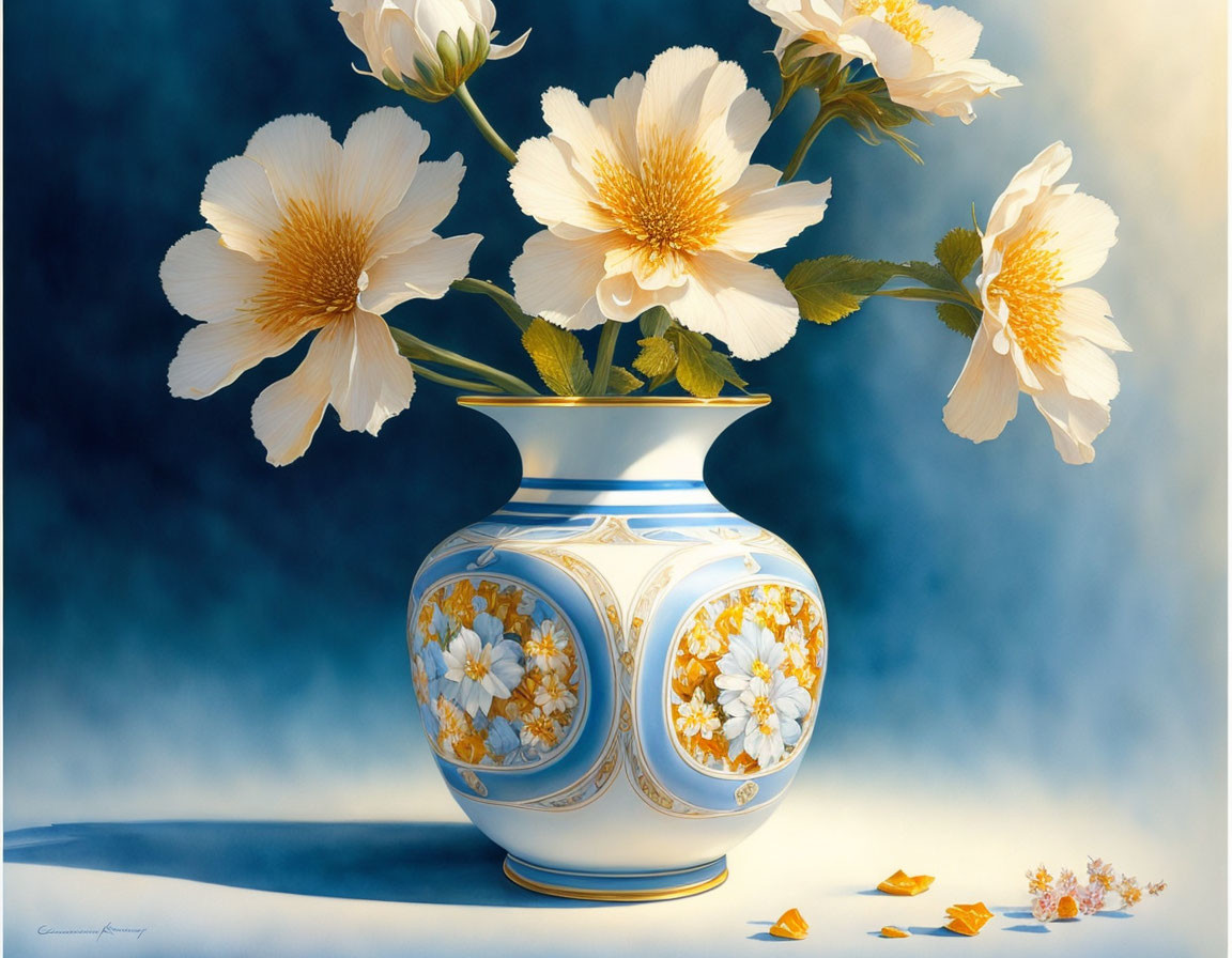 White and Yellow Flowers in Porcelain Vase Artwork