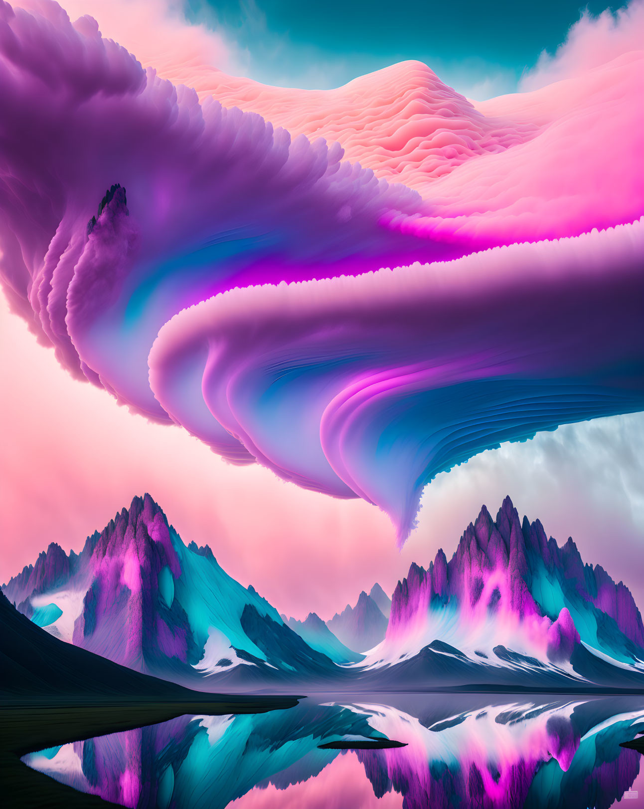 Surreal landscape with vibrant pink and blue clouds, mirror-like waters, and neon-lit mountains