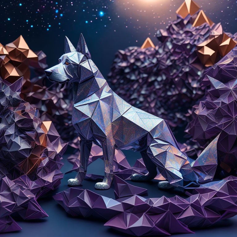 Geometric Purple Crystal Wolf Artwork in Dark Setting