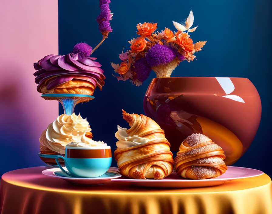 Colorful Pastries, Whipped Cream Drink, Flowers on Table - Vibrant Still Life Composition