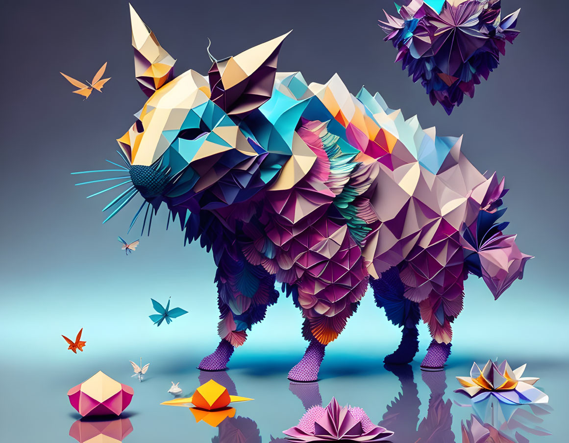 Colorful Origami-Inspired Cat Art with Butterflies and Flowers