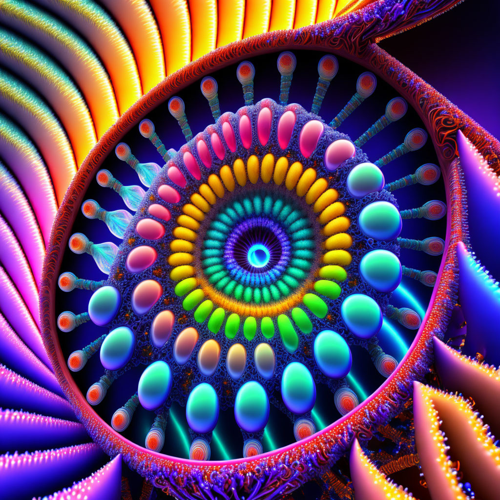 Colorful fractal spiral pattern with intricate details in bright colors