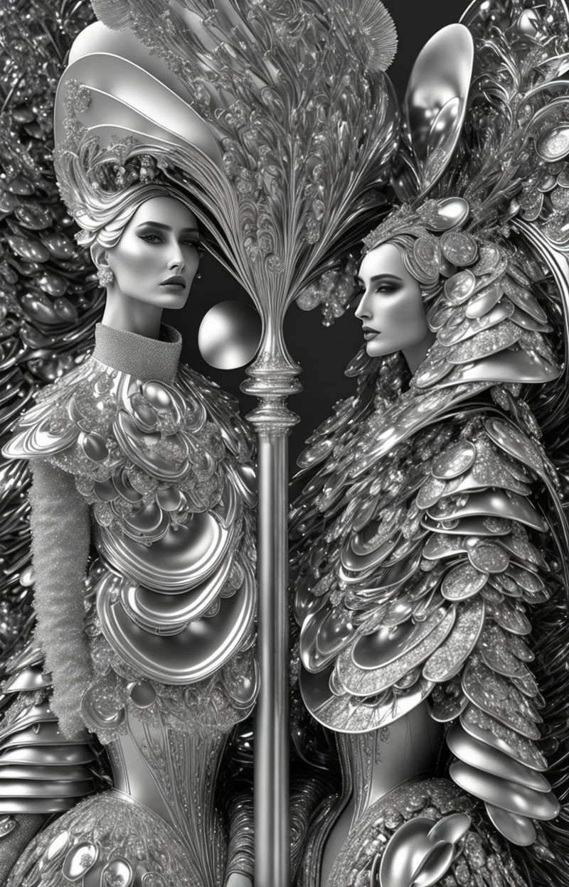 Metallic humanoid figures with feather-like embellishments on grayscale background