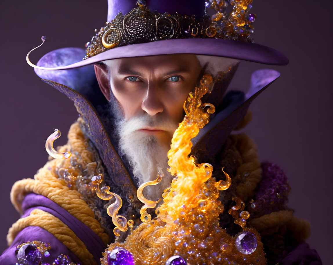 Bearded man in purple and gold costume with glowing orange embellishment