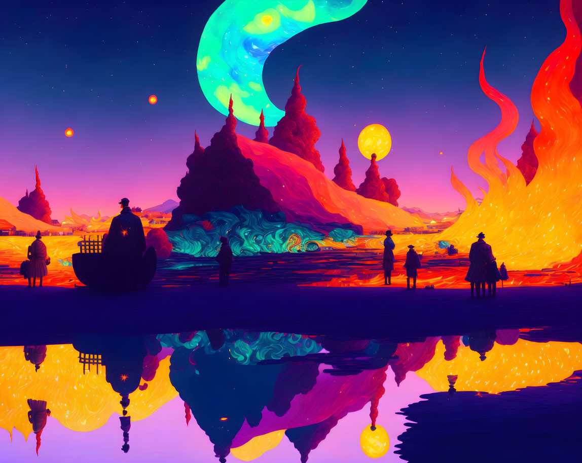 Vivid Otherworldly Landscape with Fiery Geysers and Silhouetted Figures