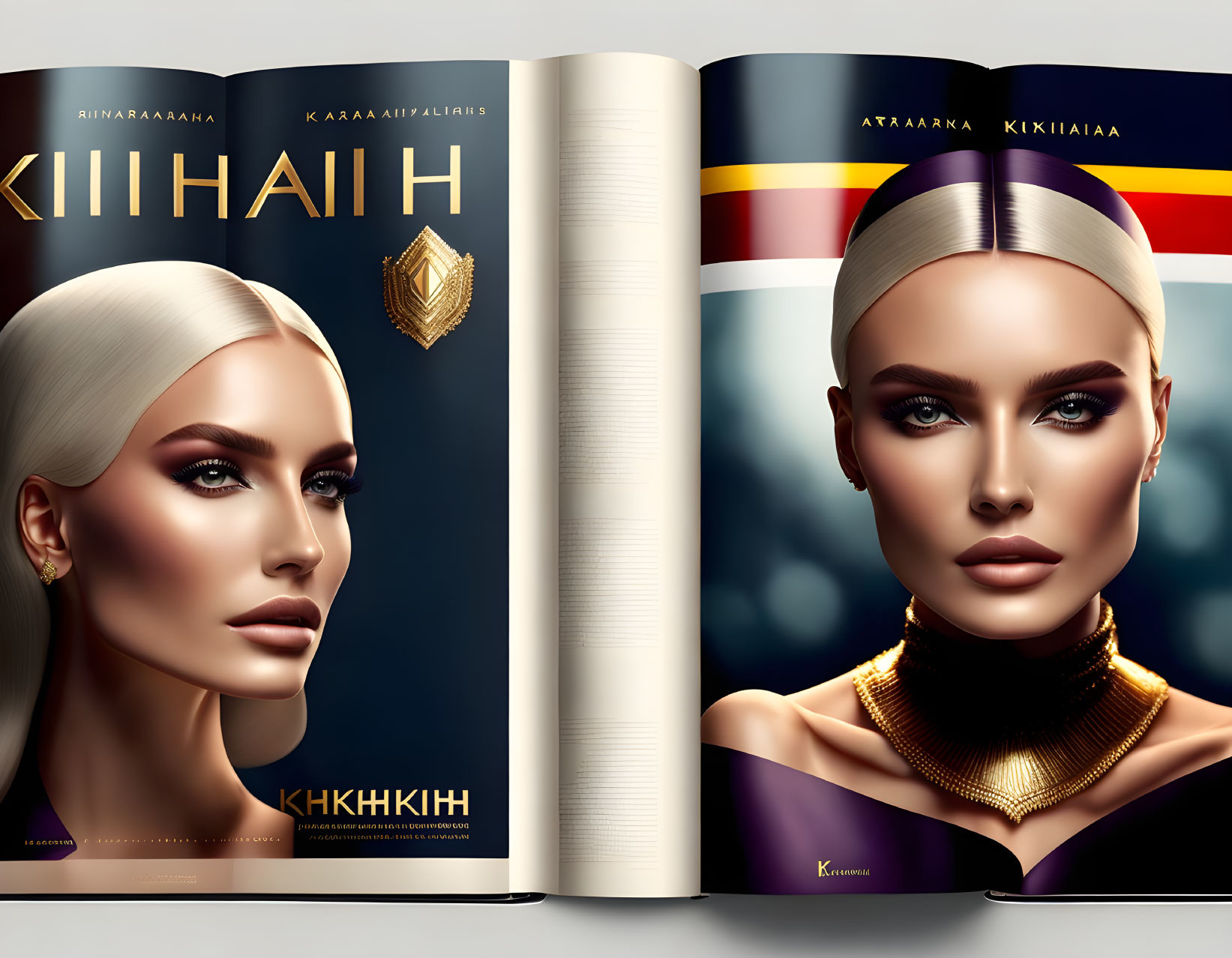 Illustrated portraits of a woman with stylized makeup and elegant jewelry on a glossy magazine spread.