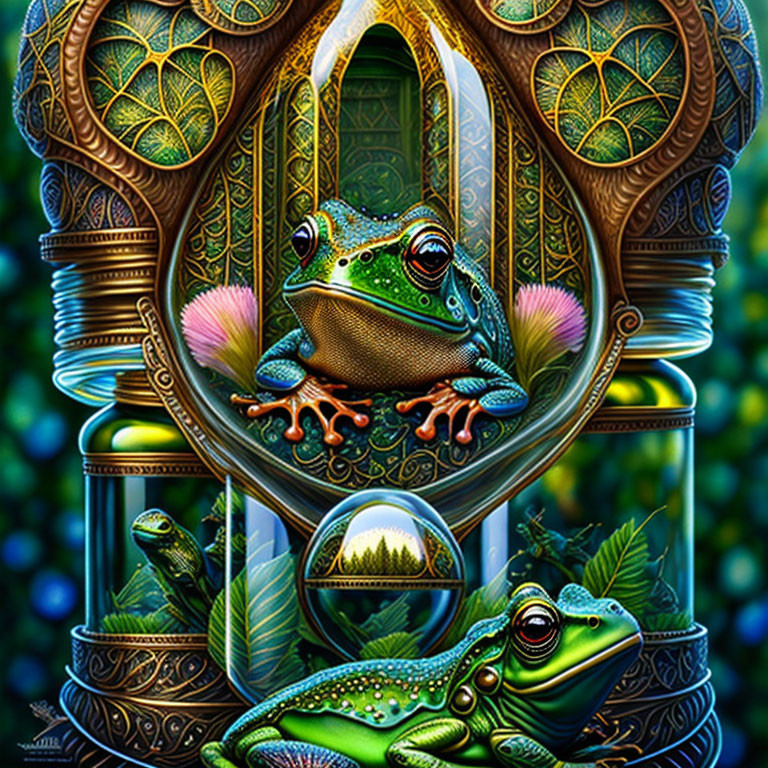 Colorful digital artwork: Two hyper-realistic frogs in lush, ornate setting with crystal ball scenery