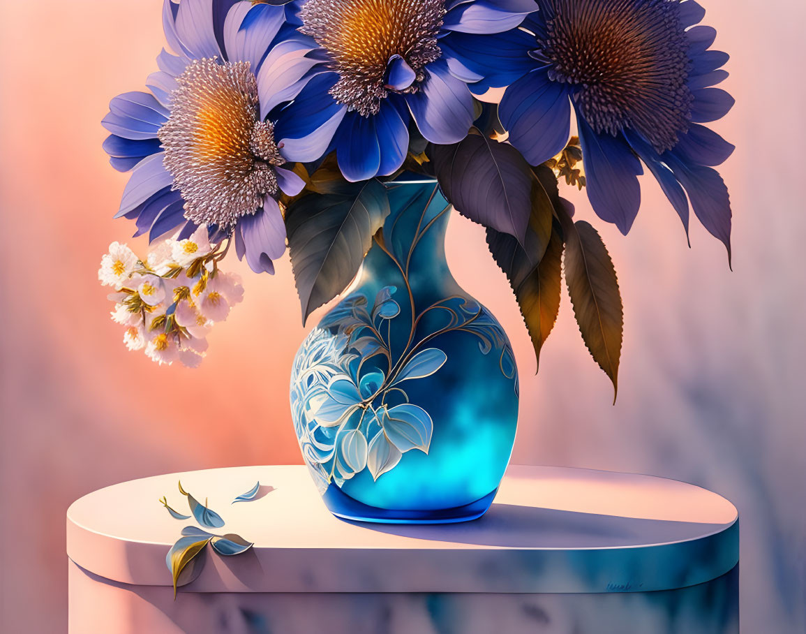 Colorful digital artwork: Blue flowers in turquoise vase on pink backdrop