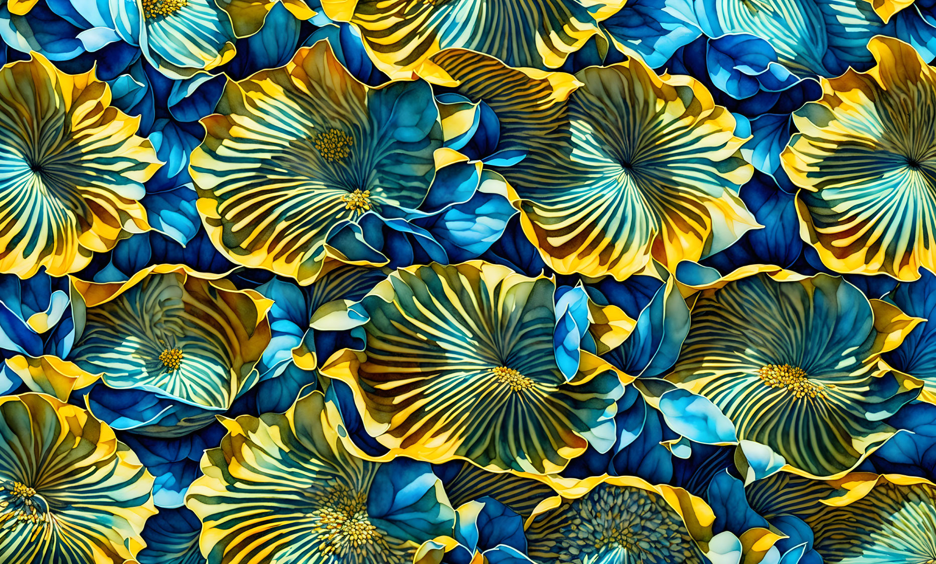 Blue and Gold Stylized Floral Pattern with Detailed Overlapping Flowers