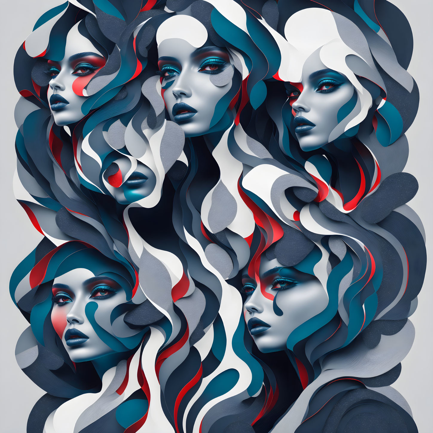 Symmetrical abstract art: multiple female faces with flowing blue, red, and gray hair.