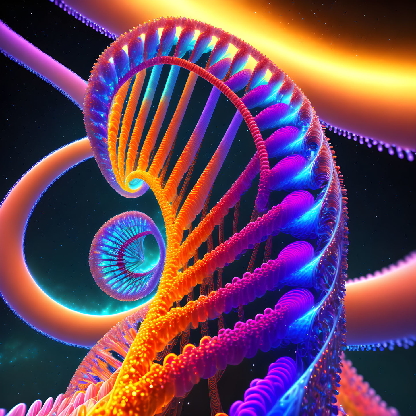 Colorful DNA Double Helix Artwork on Cosmic Background