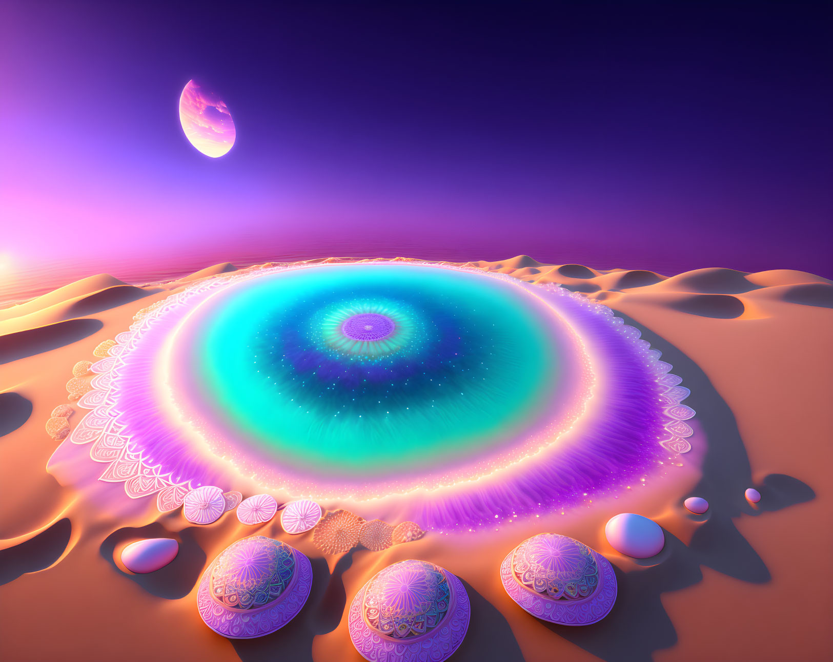 Colorful digital artwork: fractal portal in desert with eggs and moon