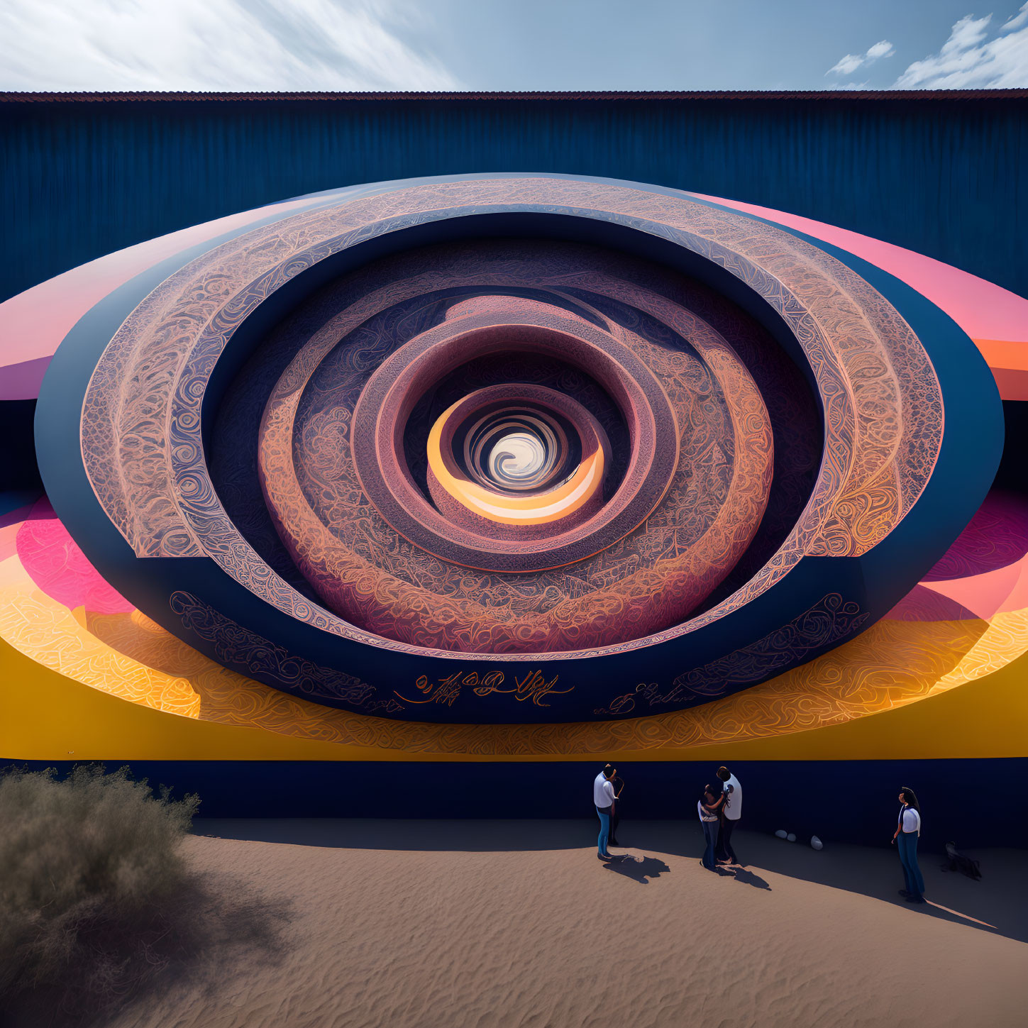 Abstract digital art: ornate concentric circles into central vortex with onlookers, blue-sky