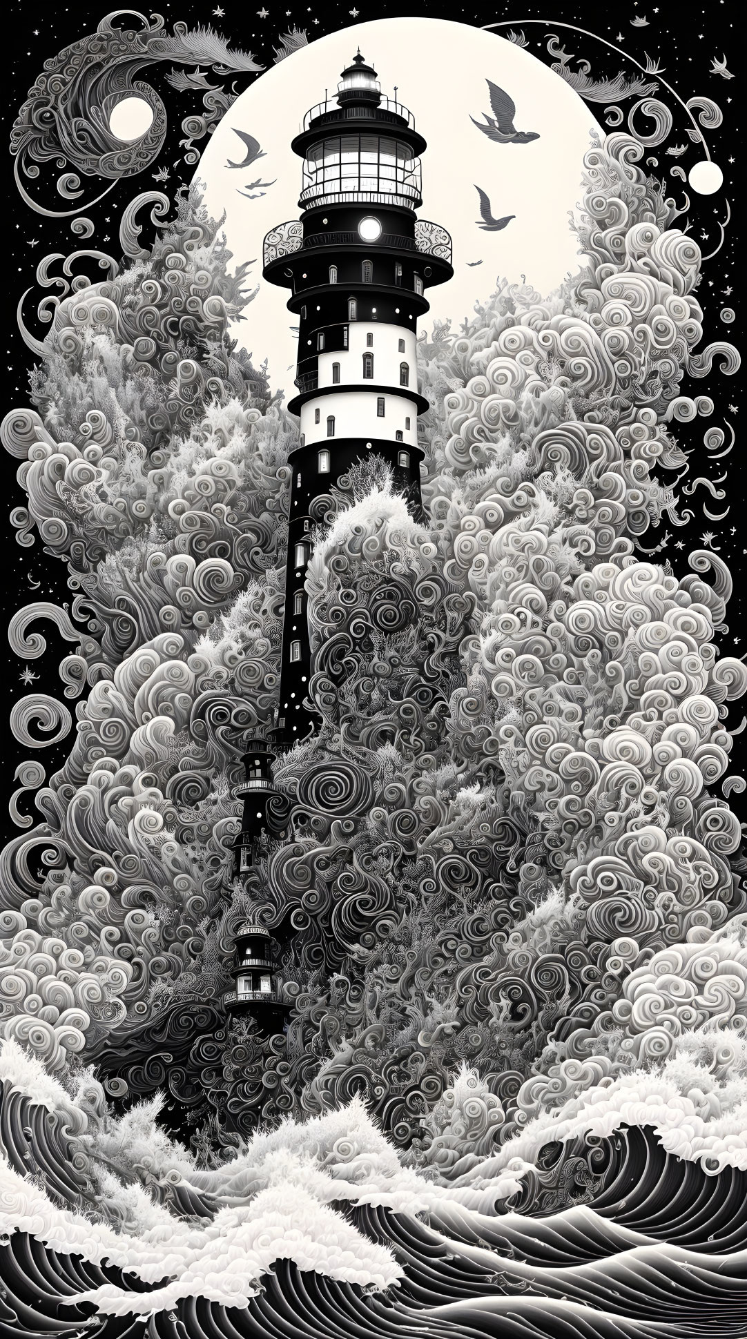 Monochromatic lighthouse scene with swirling clouds, waves, birds, and moon