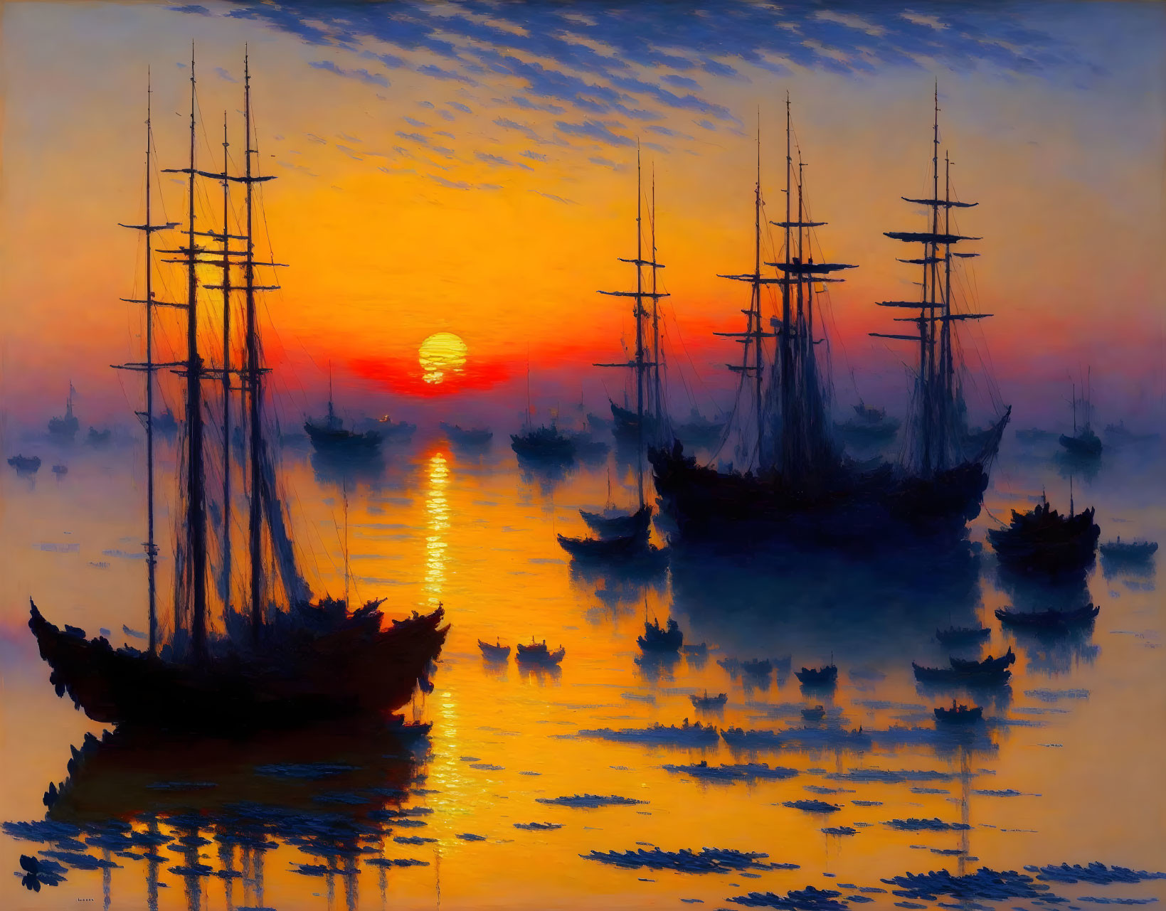 Sailing ships on tranquil sea at sunset with orange and blue hues