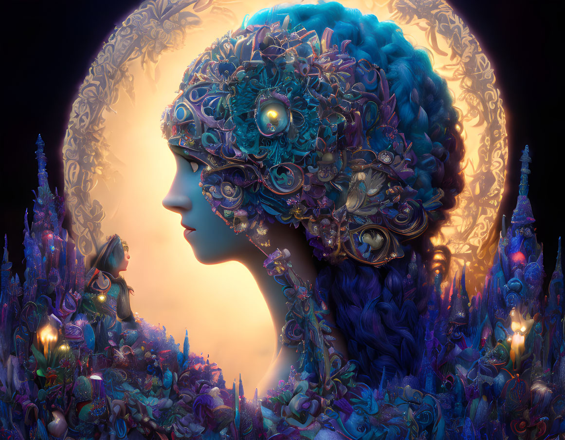 Colorful Female Profile with Fantastical Headpiece on Mystical Background