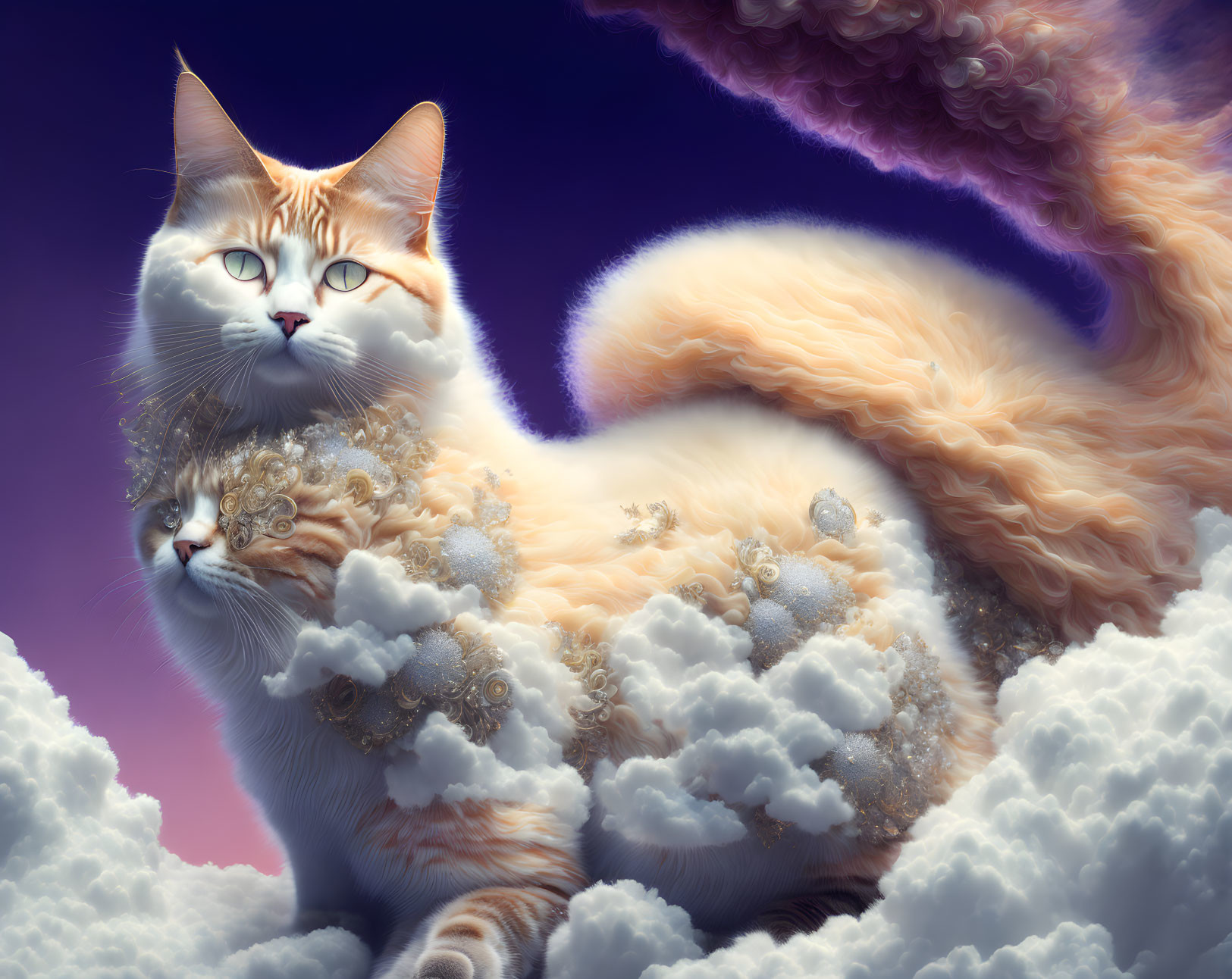 Surreal image of two cats merged in clouds on purple sky