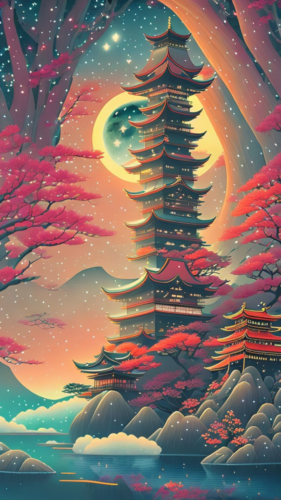 Colorful artwork: Pagoda in pink blossom trees under crescent moon