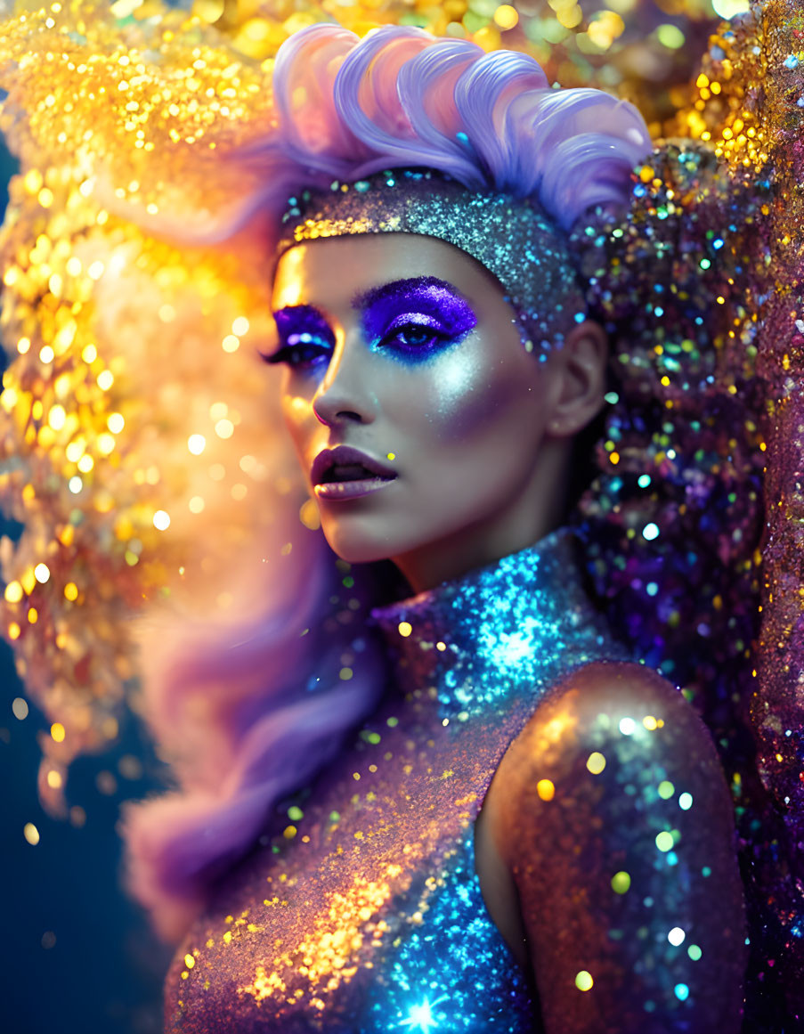 Sparkling Purple Makeup and Glittery Skin on Woman with Vivid Purple Hair