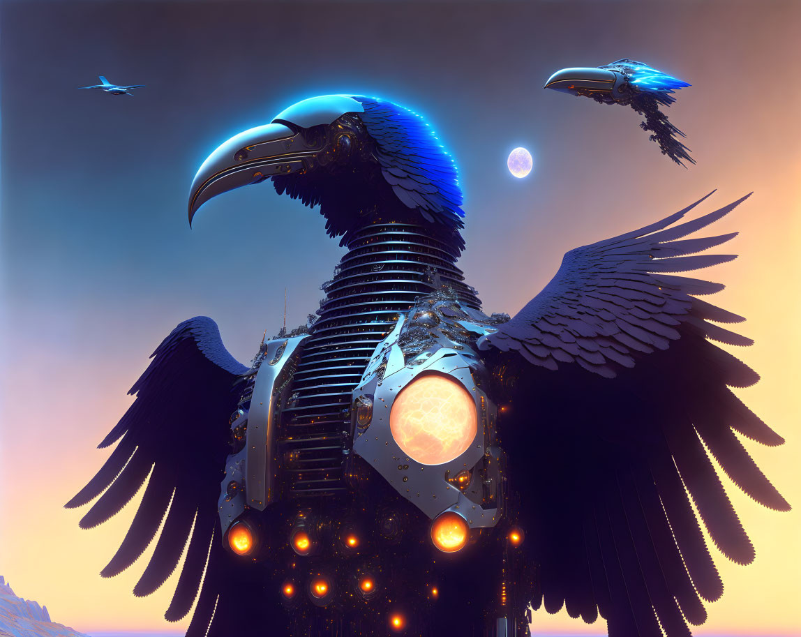 Mechanical eagle with glowing eyes flies at dusk with two moons