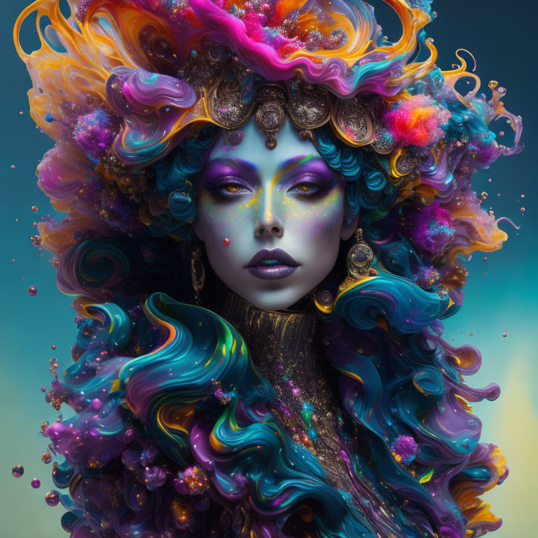 Colorful digital artwork: Woman with swirling hair and fantasy makeup on blue background