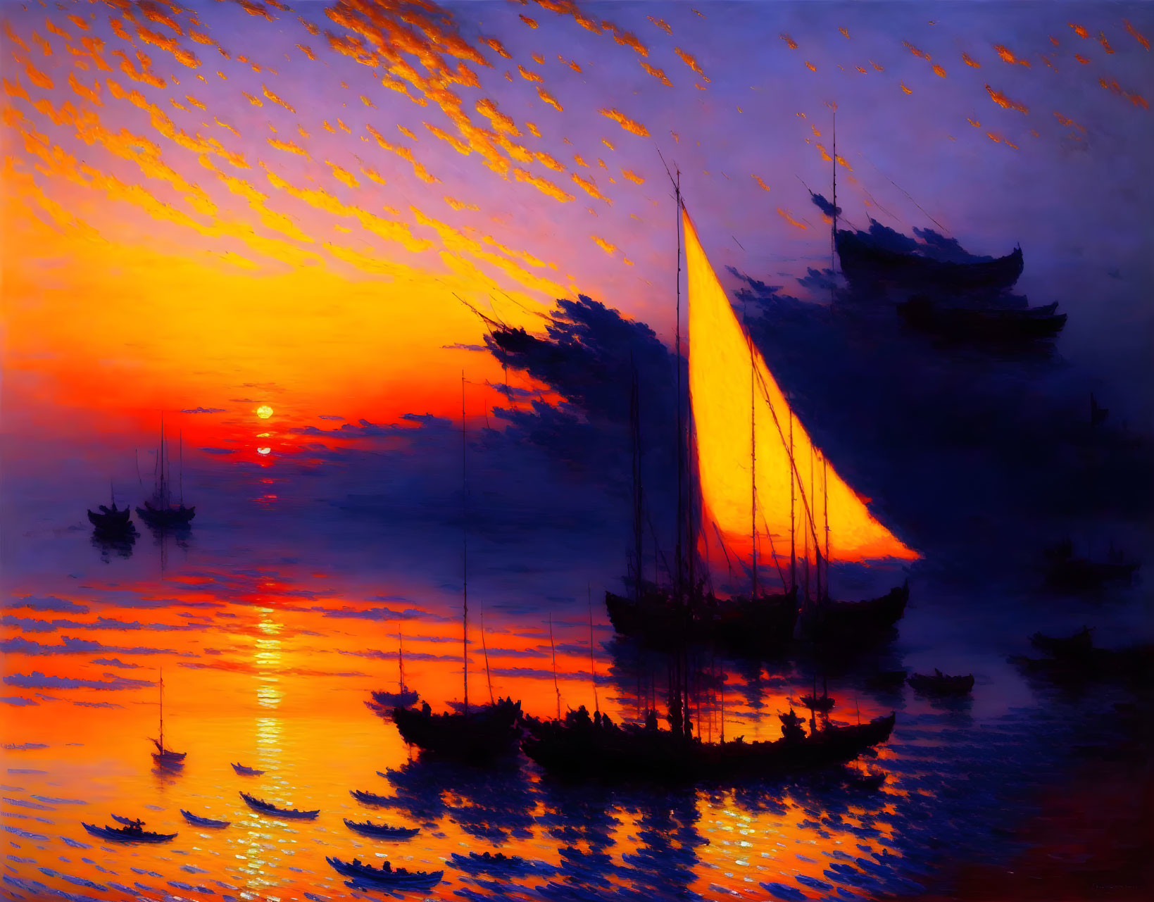 Scenic sunset over calm sea with sailboats and colorful reflections.