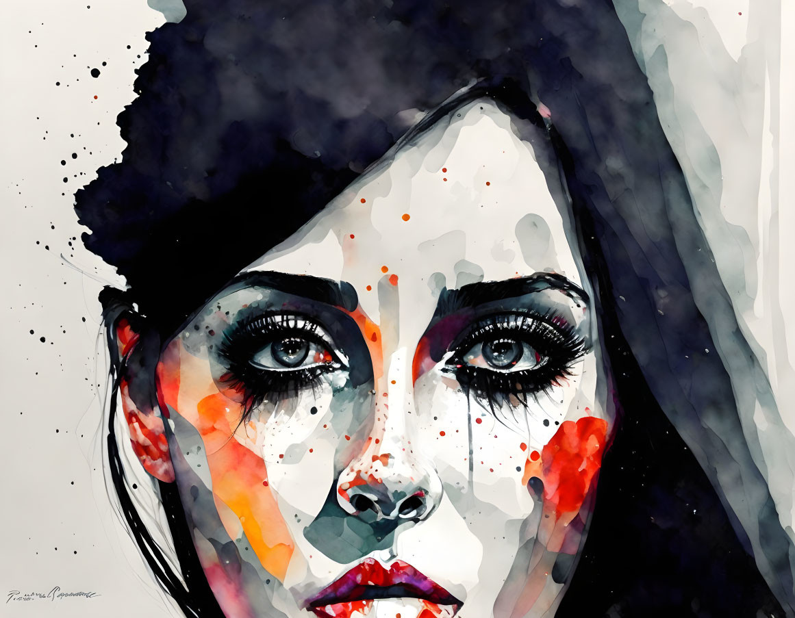 Colorful Watercolor Portrait of Woman with Bold Black and Red Hues