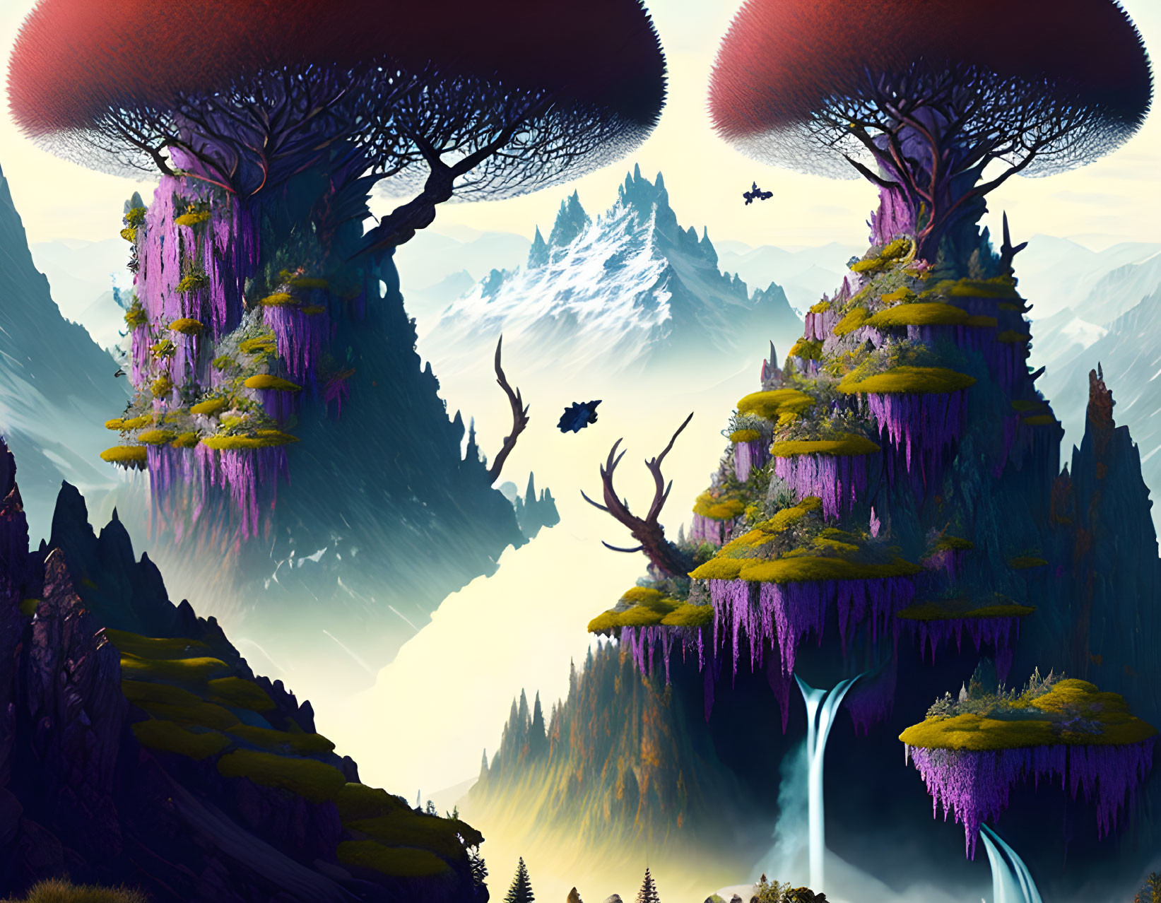 Majestic fantasy landscape with towering mushroom-shaped trees and flying creatures