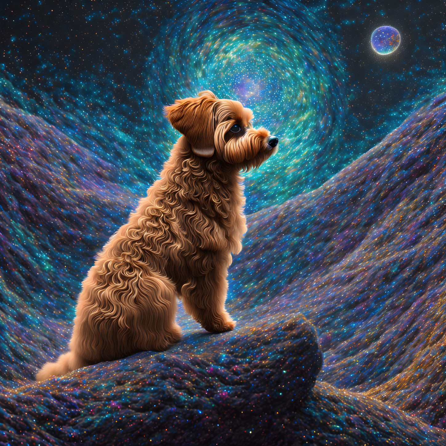 Fluffy Brown Dog on Cosmic Landscape with Galaxies