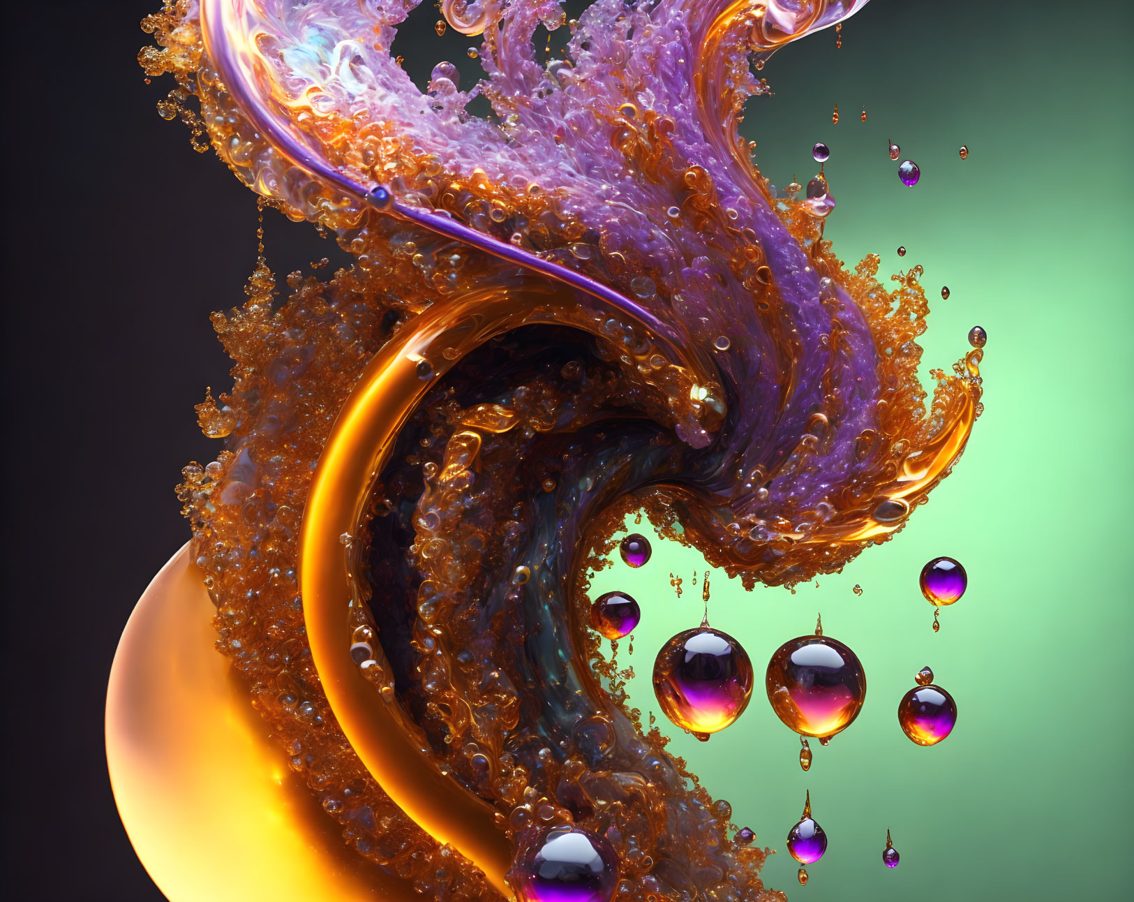 Vibrant Orange, Gold, and Purple Swirl with Reflective Droplets