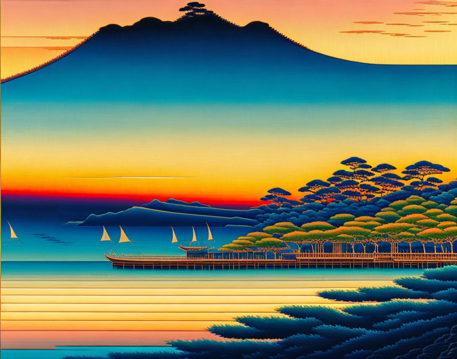 Colorful Seascape Painting with Sailboats, Pier, Trees, Hills, and Sunset Sky