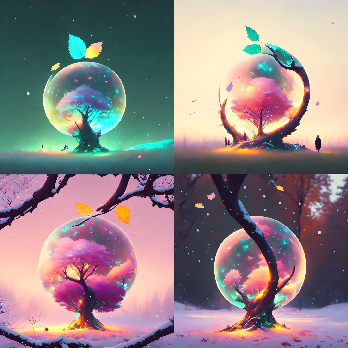 Seasonal Tree Collage: Spring to Winter Transitions in Vibrant Bubbles