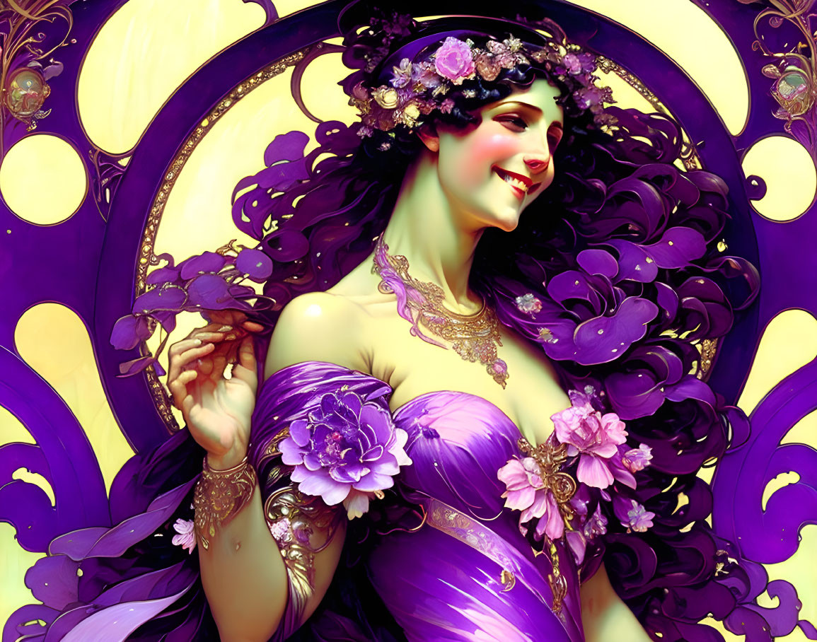 Smiling woman with purple hair and dress in Art Nouveau-style illustration