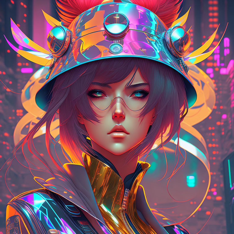 Futuristic female character with red eyes in cyberpunk cityscape