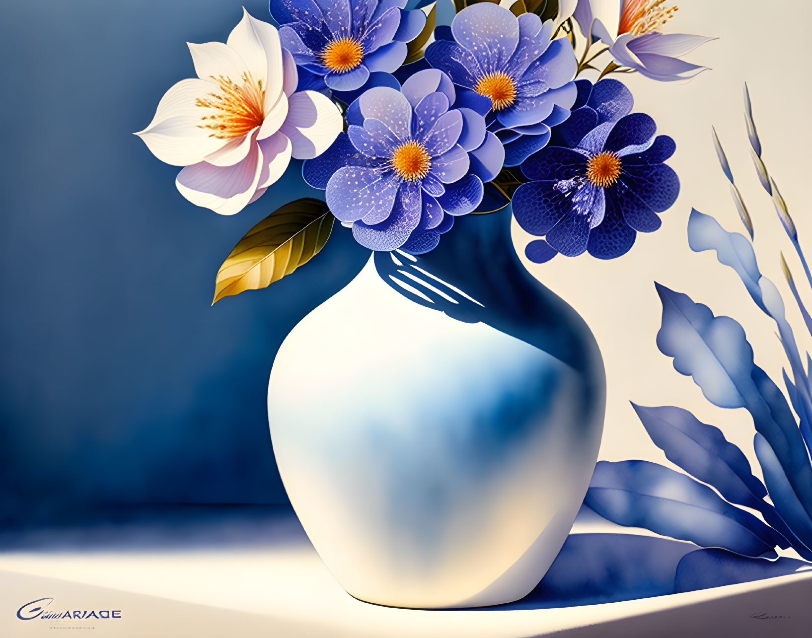 Digital art: White vase with blue flowers and leaves on blue gradient.