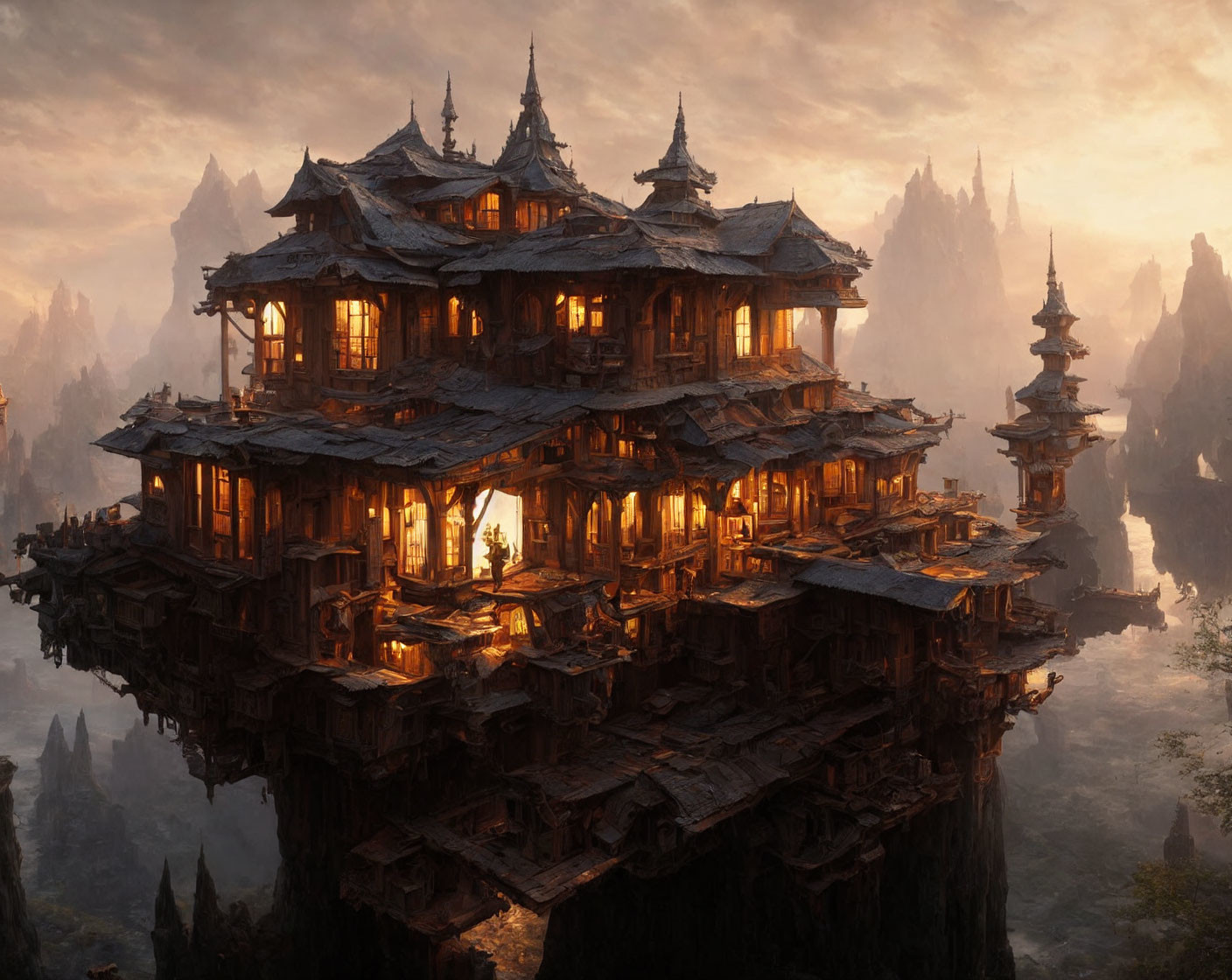 Illuminated multi-tiered oriental palace on cliff with mountain peaks and pagodas under dus