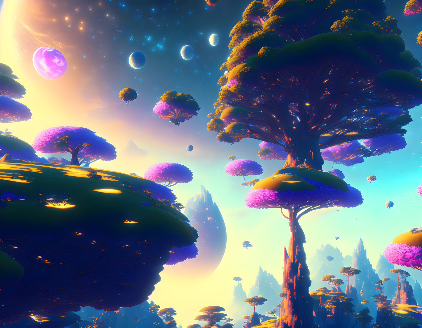 Colorful alien landscape: floating islands, giant trees, distant planets at sunset