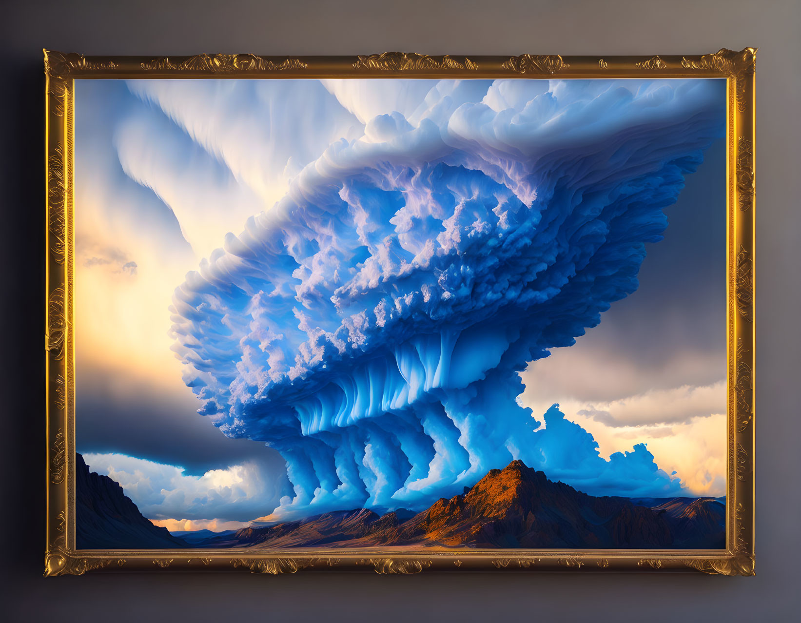 Surreal cloud wave painting in gilded frame with sky and mountain backdrop