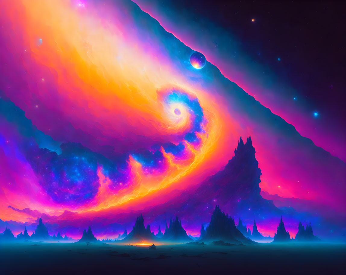 Colorful digital artwork: surreal landscape with cosmic sky