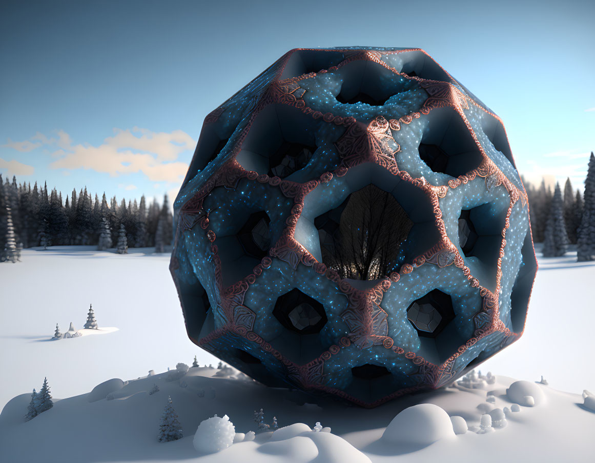 Geometric Sculpture in Snowy Landscape with Hexagonal Patterns