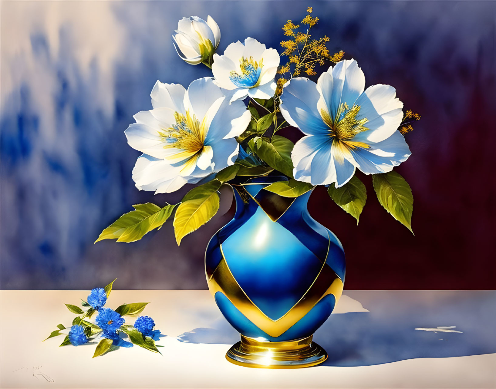 White and Blue Flowers Still Life Painting in Glossy Vase