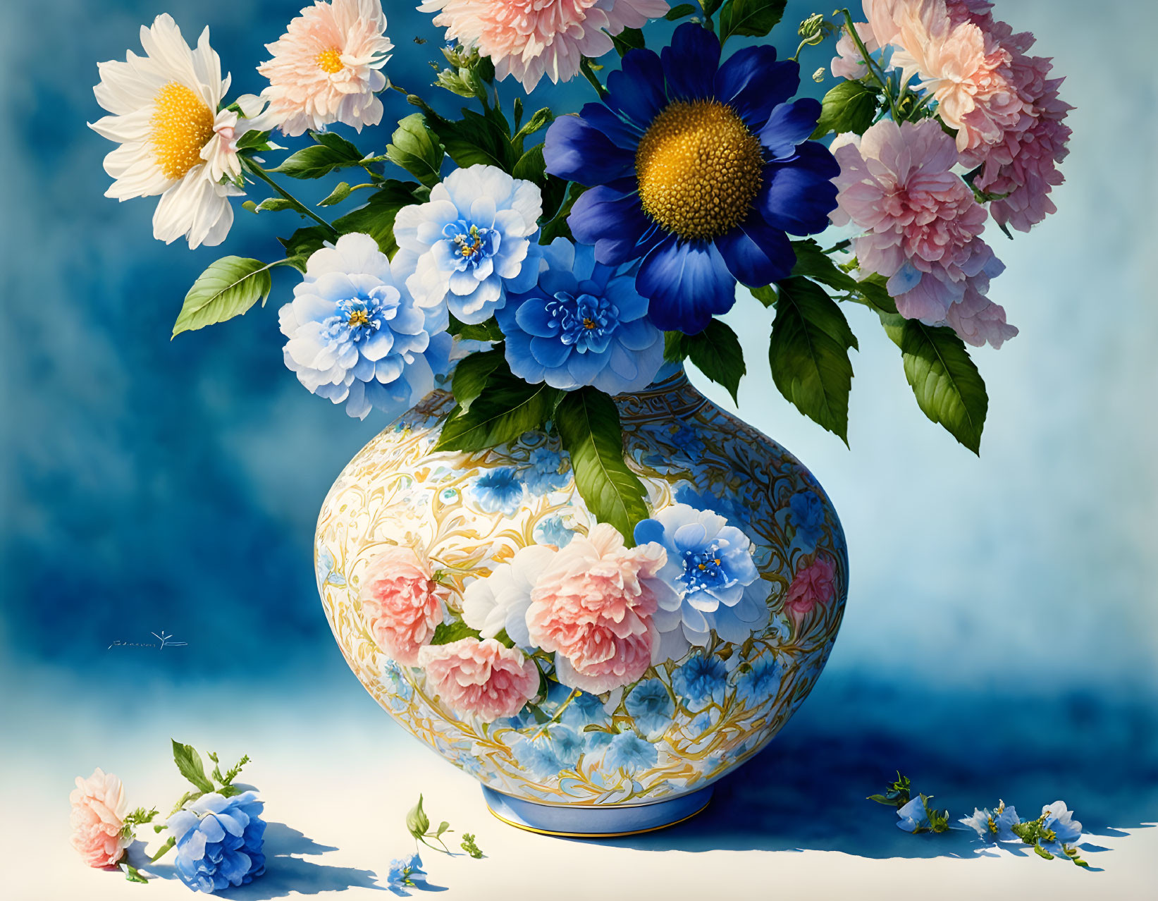 Colorful Still Life Painting of Large Flowers in Decorative Vase