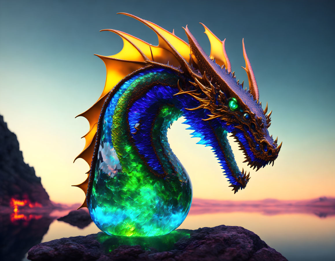 Colorful digital artwork: mythical dragon with iridescent scales and fiery wings on rock at twilight