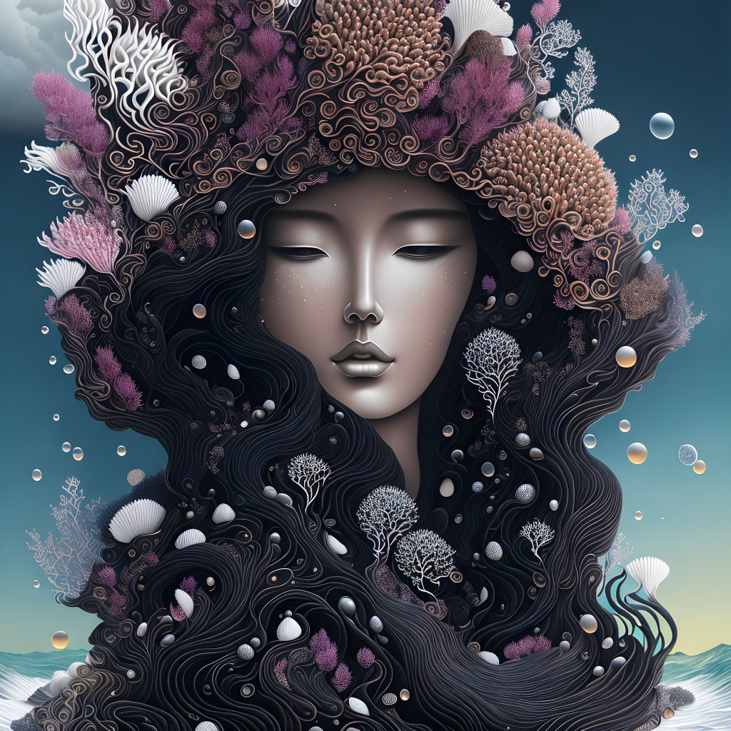 Female face transforms into underwater seascape with corals