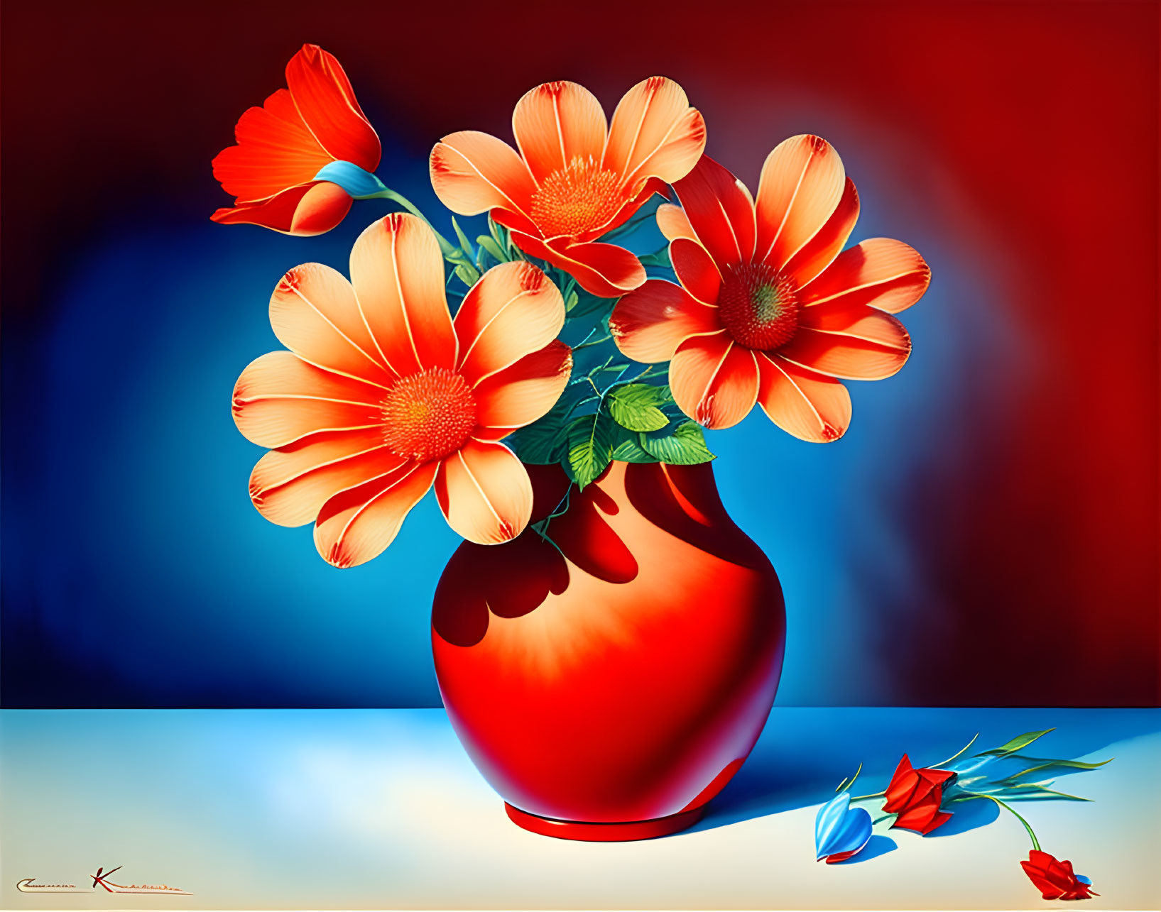 Colorful floral painting with red flowers in vase on gradient background