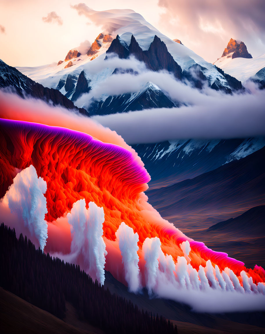 Surreal landscape: orange and purple clouds over snowy mountains