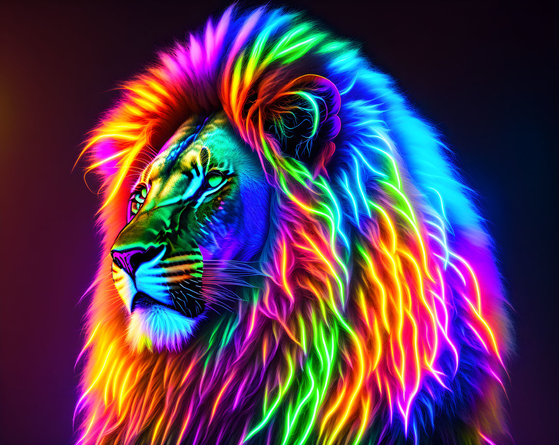 Colorful lion with rainbow mane on dark background