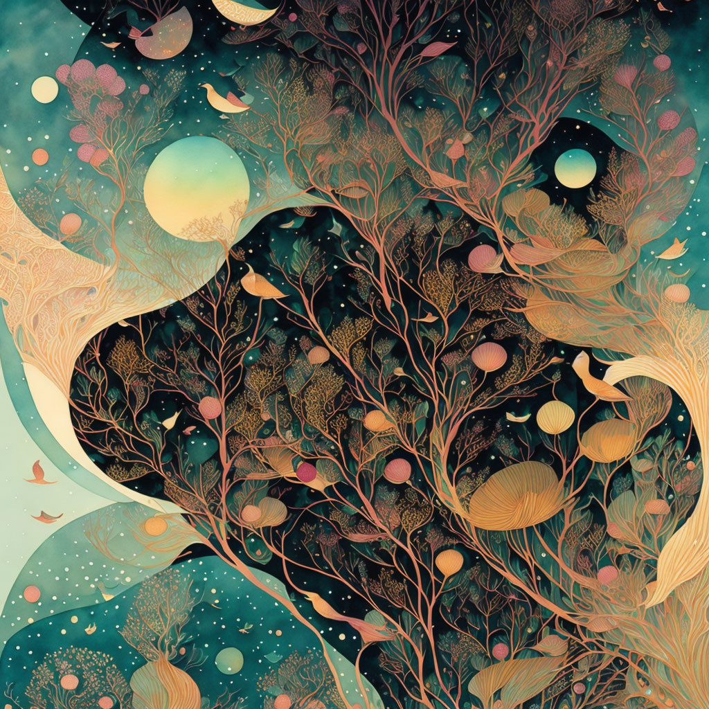 Vibrant cosmic forest illustration with starry night sky