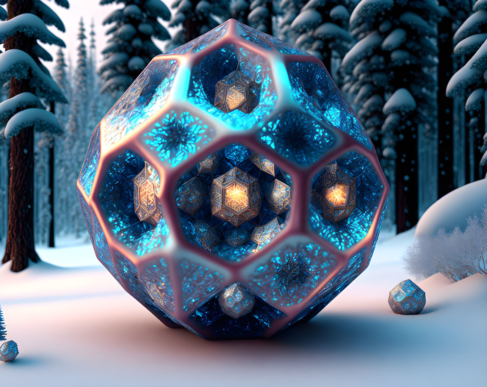 Intricate 3D-Rendered Snowflake Sphere in Snowy Forest