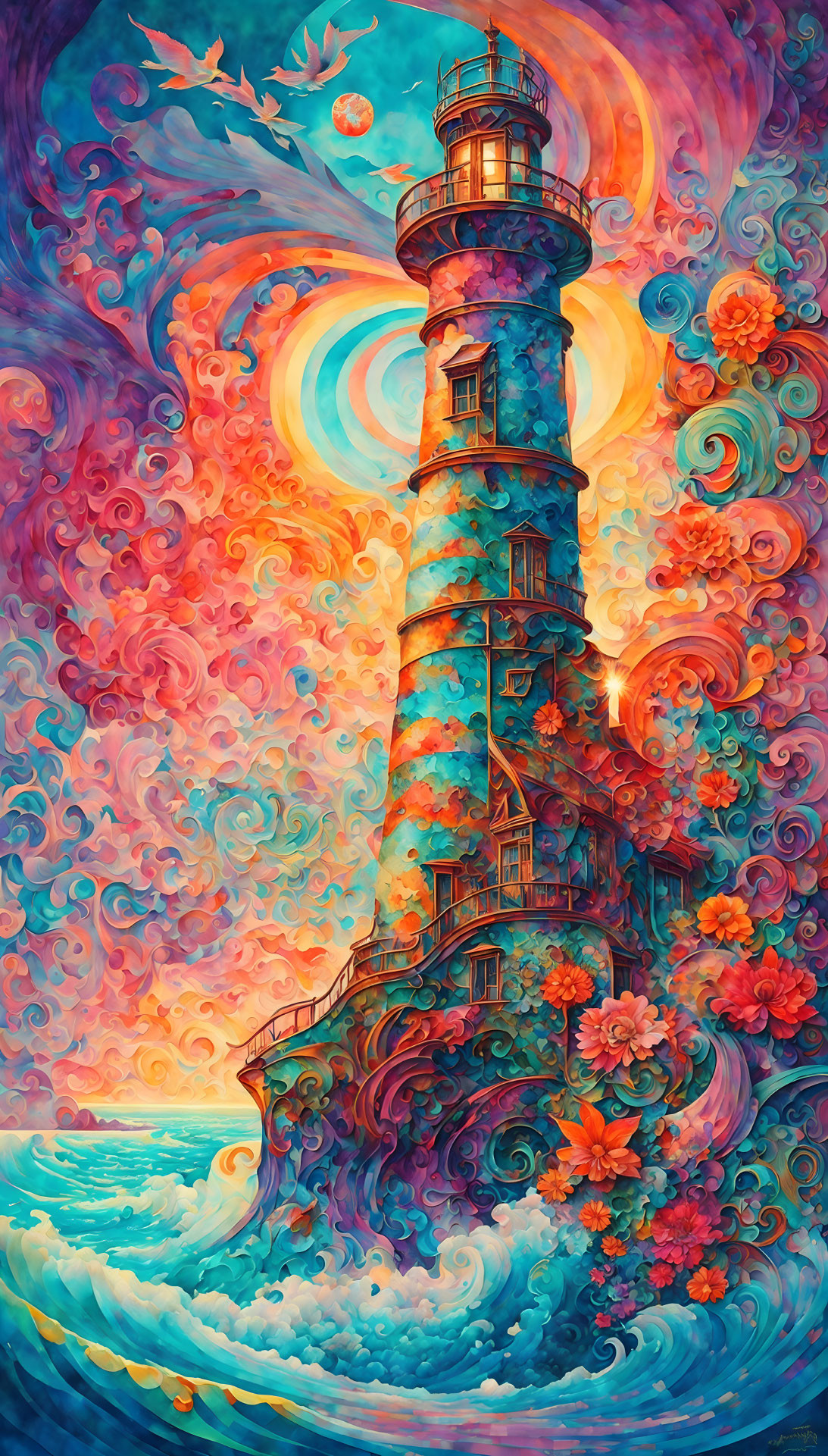 Colorful lighthouse painting with swirling clouds and ocean wave